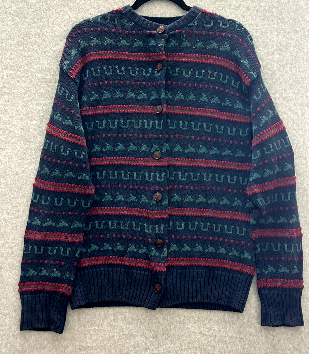 Handknit 100% Cotton Equestrian Cardigan Sz M Blue Horseshoe Riding Novelty USA